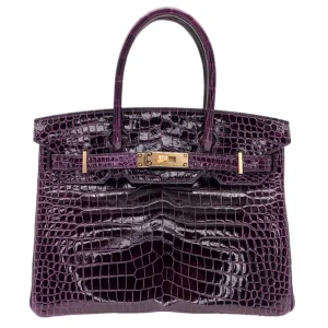 1:1 Hermès Replica - Birkin 30 Amethyst Shiny Porosus Crocodile Gold HW