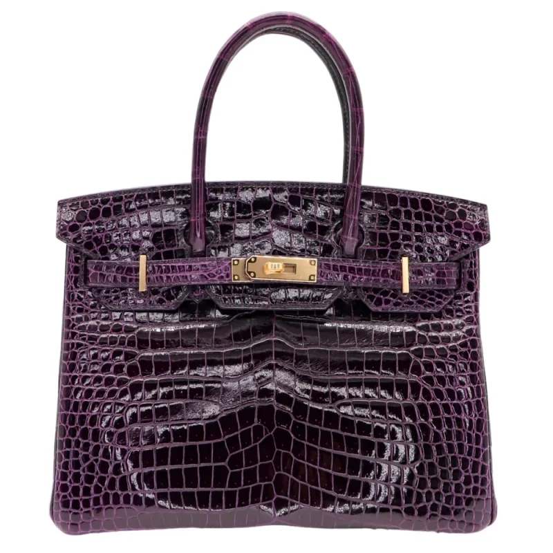 1:1 Hermès Replica - Birkin 30 Amethyst Shiny Porosus Crocodile Gold HW