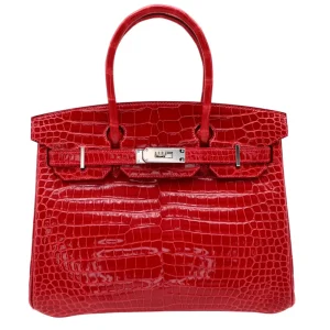 1:1 Hermès Replica - Birkin 30 Braise Shiny Porosus Crocodile Palladium HW