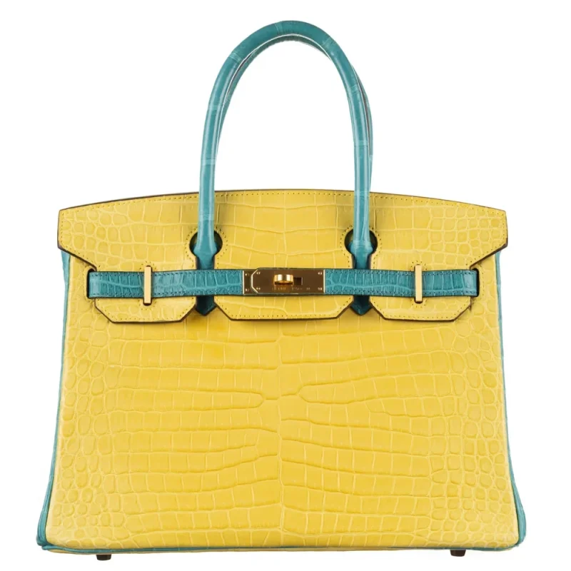 1:1 Hermès Replica - Birkin 30 HSS Mimosa/Bleu Paon Matte Porosus Crocodile Brushed Gold HW