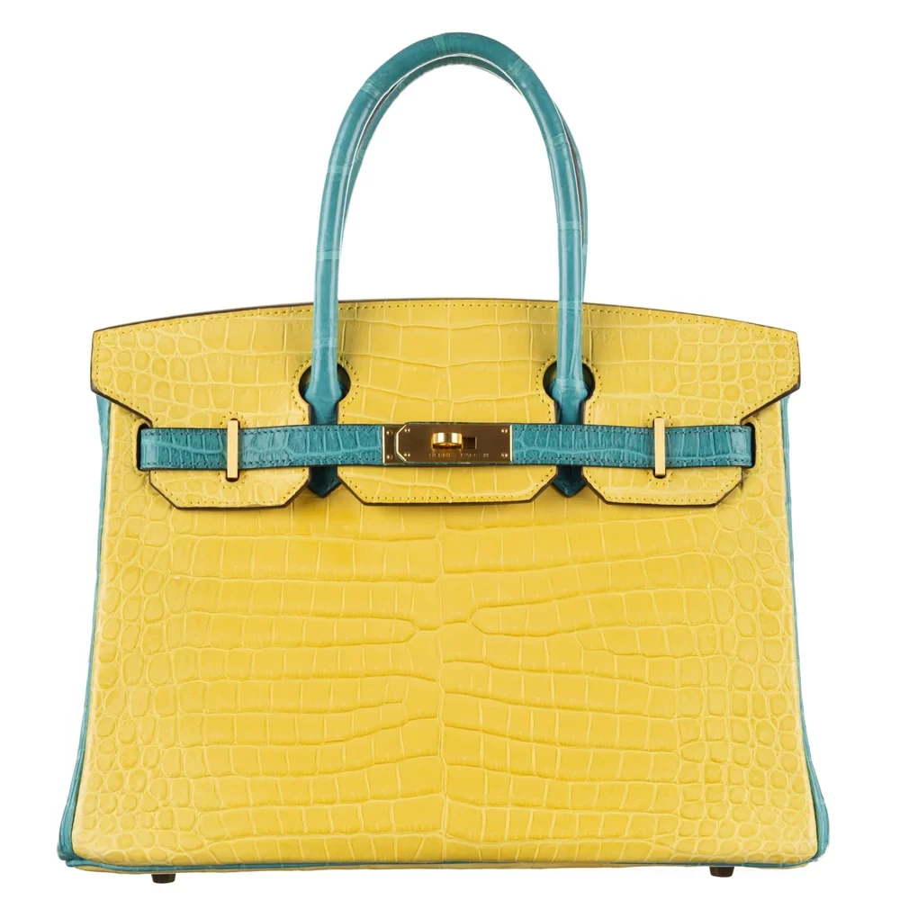 1:1 Hermès Replica - Birkin 30 HSS Mimosa/Bleu Paon Matte Porosus Crocodile Brushed Gold HW