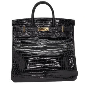 1:1 Hermès Replica – HAC 40 Black Shiny Porosus Crocodile Gold HW