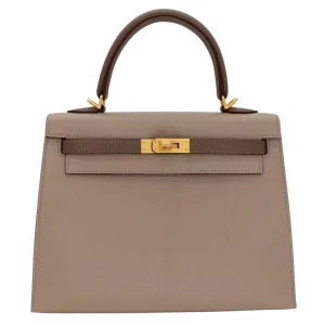 1:1 Hermès Replica - Kelly 25 Sellier HSS Etoupe/ Gris Tourterelle Chevrè Brushed Gold HW