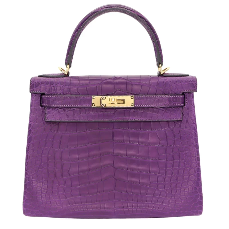 1:1 Hermès Replica - Kelly 28 Retourne Amethyst Matte Alligator Gold HW