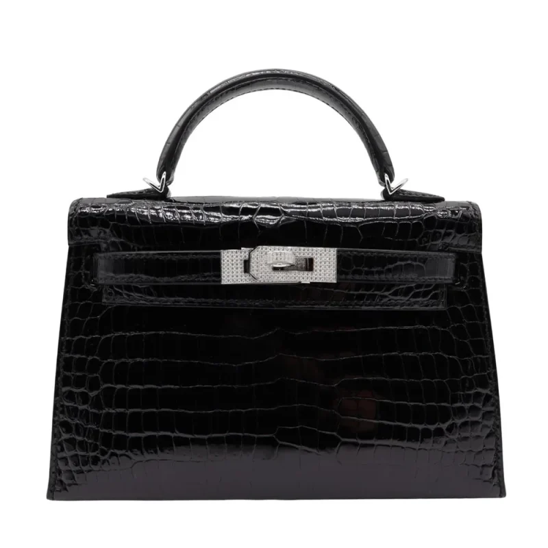 1:1 Hermès Replica - Kelly II Sellier Mini Black Shiny Porosus Crocodile Diamond HW