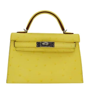 1:1 Hermès Replica - Kelly II Sellier Mini Jaune Citron Ostrich Palladium HW