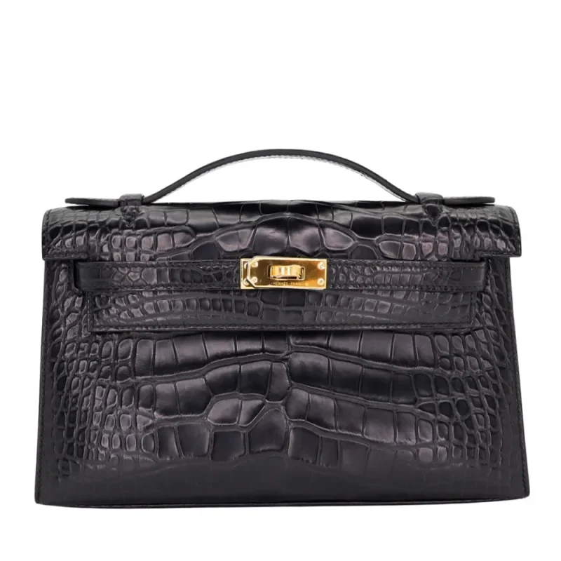 1:1 Hermès Replica - Kelly Pochette Black Matte Alligator