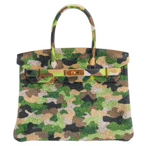 Artisan-Grade Hermès Dupes - Birkin 30 Customized Green Camouflage Swarovski Crystal Gold HW