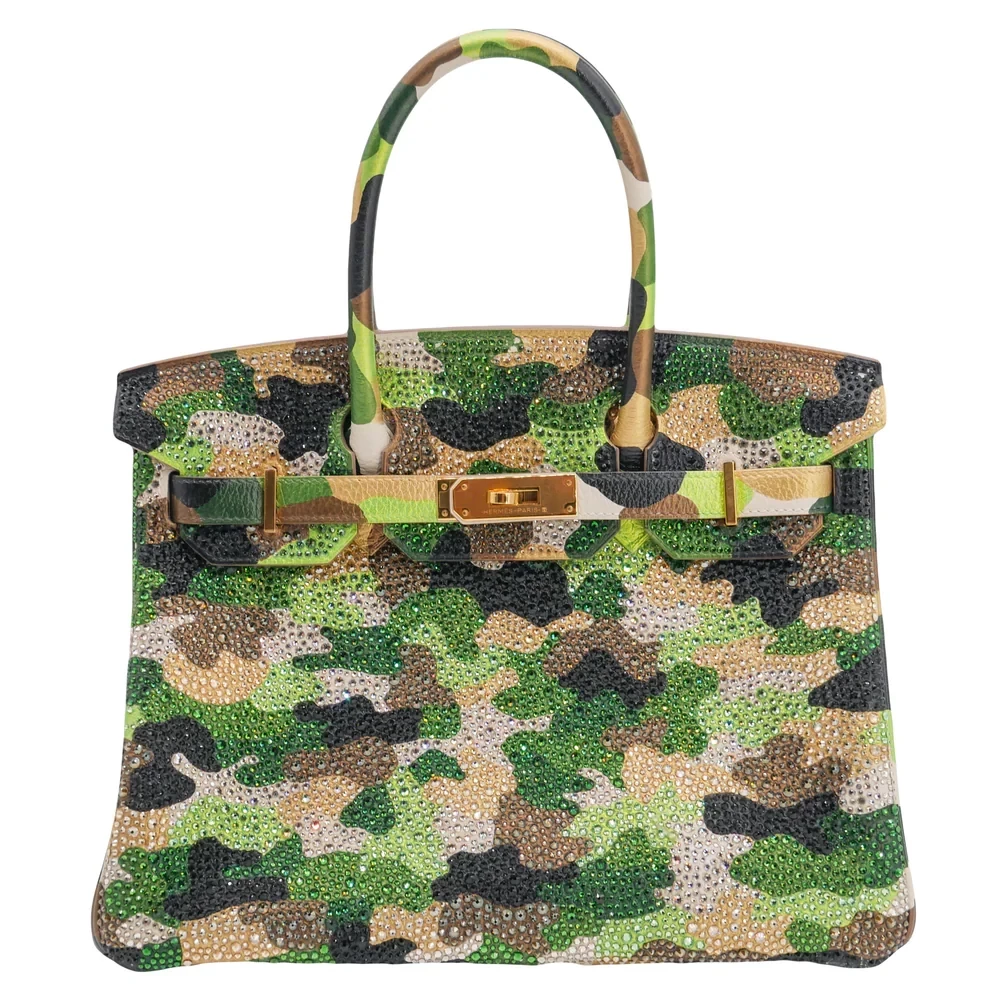 Artisan-Grade Hermès Dupes – The Ultimate Guide to the Birkin 30 Customized Green Camouflage 3 Artisan-Grade Hermès Dupes - Birkin 30 Customized Green Camouflage Swarovski Crystal Gold HW