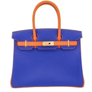 Artisan-Grade Hermès Dupes - Birkin 30 HSS Bleu Electrique/Orange Epsom Brushed Gold HW