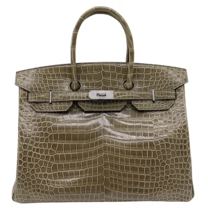 Artisan-Grade Hermès Dupes – Birkin 35 Gris Tourterelle Shiny Porosus Crocodile Diamond HW