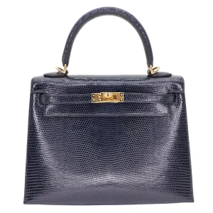 Artisan-Grade Hermès Dupes - Kelly 25 Sellier Bleu Indigo Shiny Lizard Gold HW