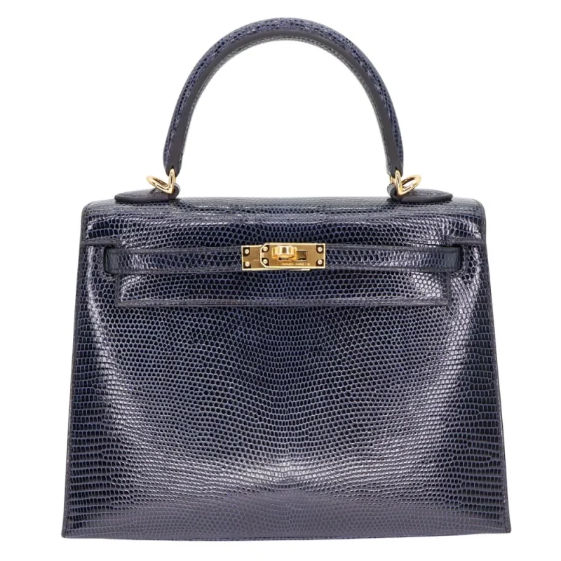 Artisan-Grade Hermès Dupes - Kelly 25 Sellier Bleu Indigo Shiny Lizard Gold HW