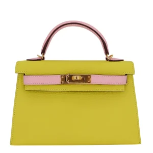 Artisan-Grade Hermès Dupes - Kelly II Sellier Mini HSS Jaune Citron/Rose Sakura Chevre Rose Gold HW