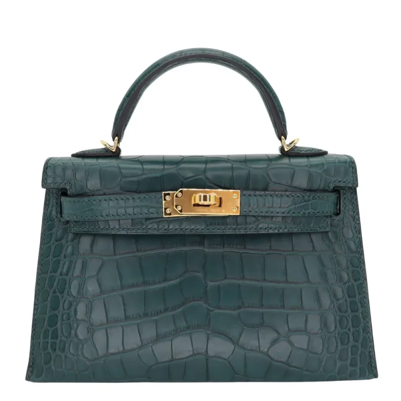 Artisan-Grade Hermès Dupes - Kelly II Sellier Mini Vert Cypress Matte Alligator Gold HW
