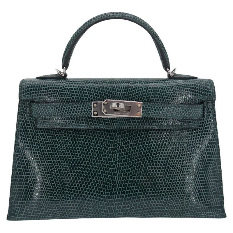 Artisan-Grade Hermès Dupes - Kelly II Sellier Mini Vert Cypress Shiny Lizard Palladium HW