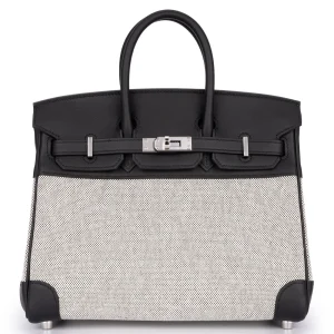Hermès Birkin 25 Veau Toile Swift Ecru Noir Palladium HW - 1:1 Replica