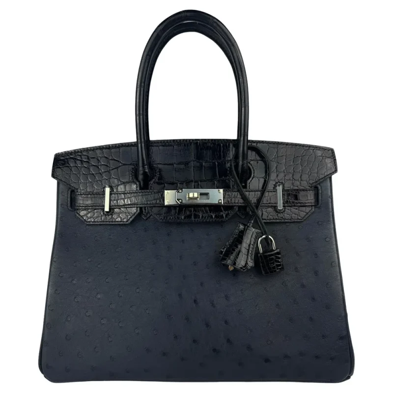 Hermès Birkin 30 Touch Blue Indigo Ostrich/Black Crocodile Replica