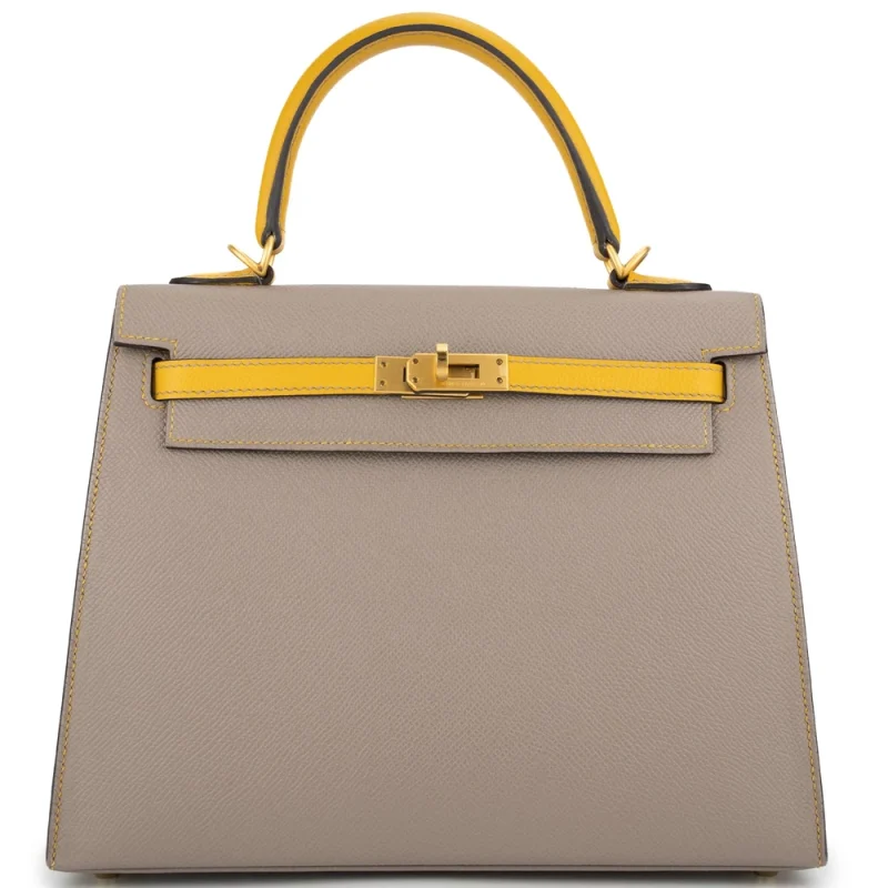Hermès Kelly 25 HSS Epsom Gris Asphalte, Jaune Ambre Brushed Gold HW - Best Replica