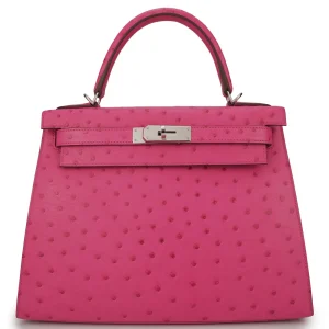 Hermès Kelly 28 Ostrich Rose Tyrien Palladium HW - Artisan-Grade Dupes
