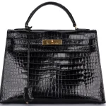 Hermés Kelly 32 Lisse Crocodile Black Gold HW Replica | Best Quality