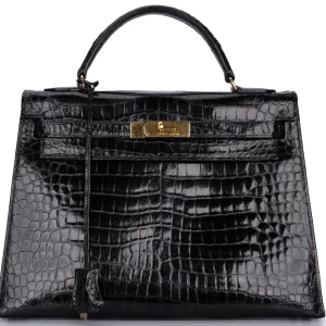 Hermés Kelly 32 Lisse Crocodile Black Gold HW Replica | Best Quality