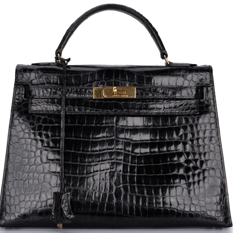 Hermés Kelly 32 Lisse Crocodile Black Gold HW Replica | Best Quality