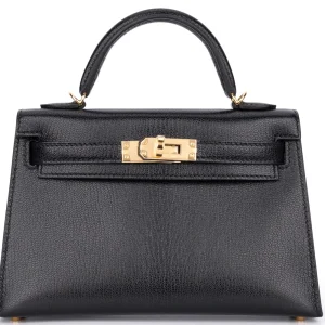 Hermès Mini Kelly Chamkila Goat Skin Noir Gold HW - Mirror Quality Replicas