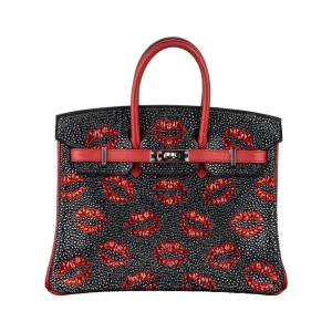 High-End Hermès Inspired - Birkin 25 Customized "Kiss Me" Lips Swarovski Crystal Palladium HW