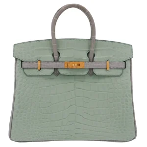 High-End Hermès Inspired - Birkin 25 HSS Vert D'eau/Gris Perle Matte Alligator Brushed Gold HW