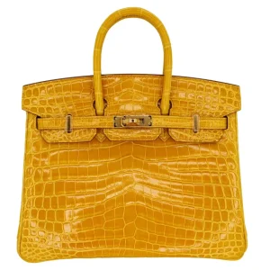 High-End Hermès Inspired - Birkin 25 Jaune Ambre Shiny Niloticus Crocodile Gold HW
