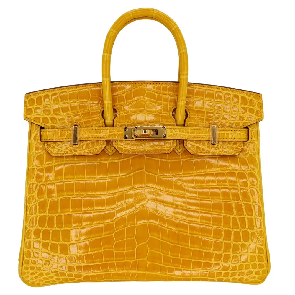 High-End Hermès Inspired - Birkin 25 Jaune Ambre Shiny Niloticus Crocodile Gold HW