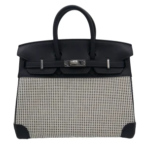 High-End Hermès Inspired - Birkin 25 Quadrille Black & White Swift Toile Palladium HW