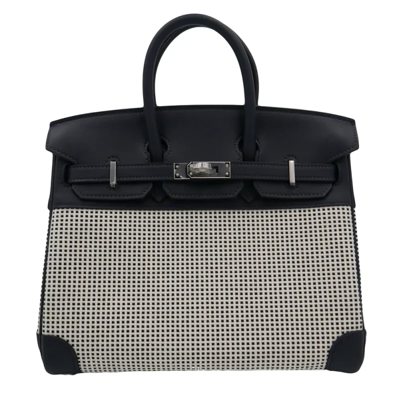 High-End Hermès Inspired - Birkin 25 Quadrille Black & White Swift Toile Palladium HW