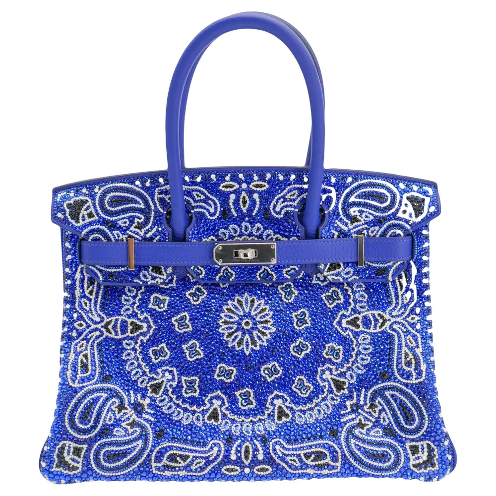 High-End Hermès Inspired Birkin 30 Blue Bandana Bag: A Masterpiece of Style and Craftsmanship 7 High-End Hermès Inspired - Birkin 30 Customized Blue Bandana Swarovski Crystal Palladium HW