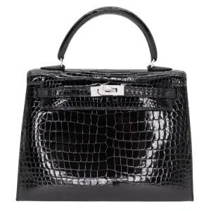 High-End Hermès Inspired - Kelly 25 Sellier Black Shiny Porosus Crocodile Diamond HW