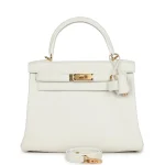 High-End Hermès Inspired - Kelly 28 Retourne White Evercolor Gold HW