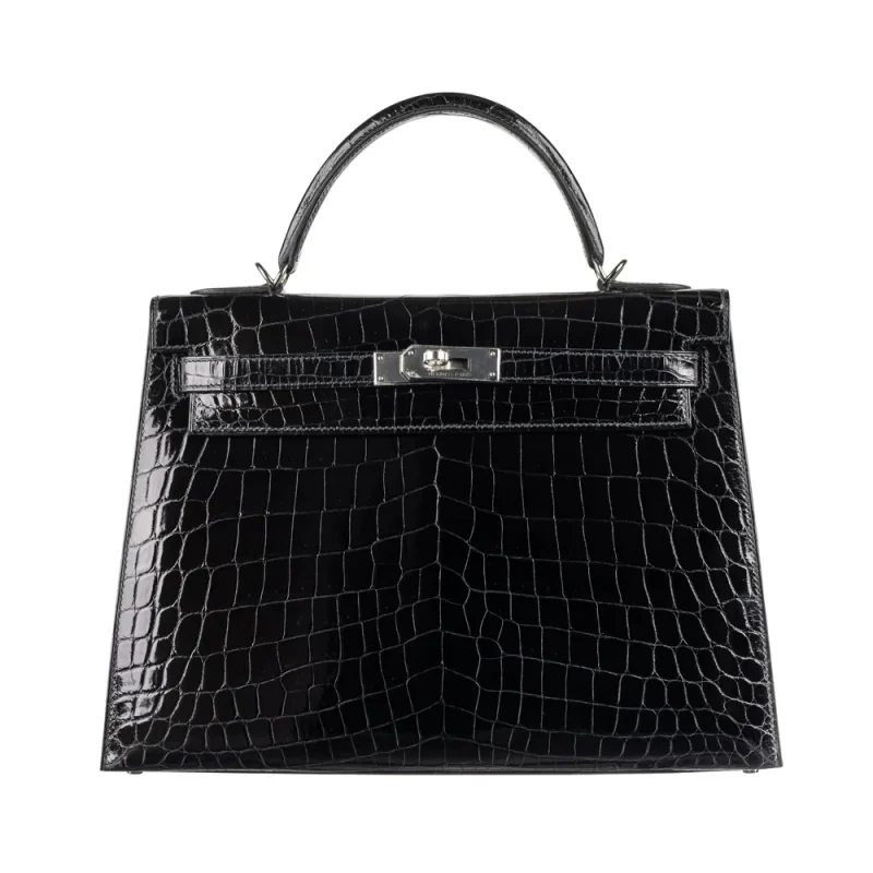 High-End Hermès Inspired - Kelly 32 Sellier Black Shiny Nilo Palladium HW