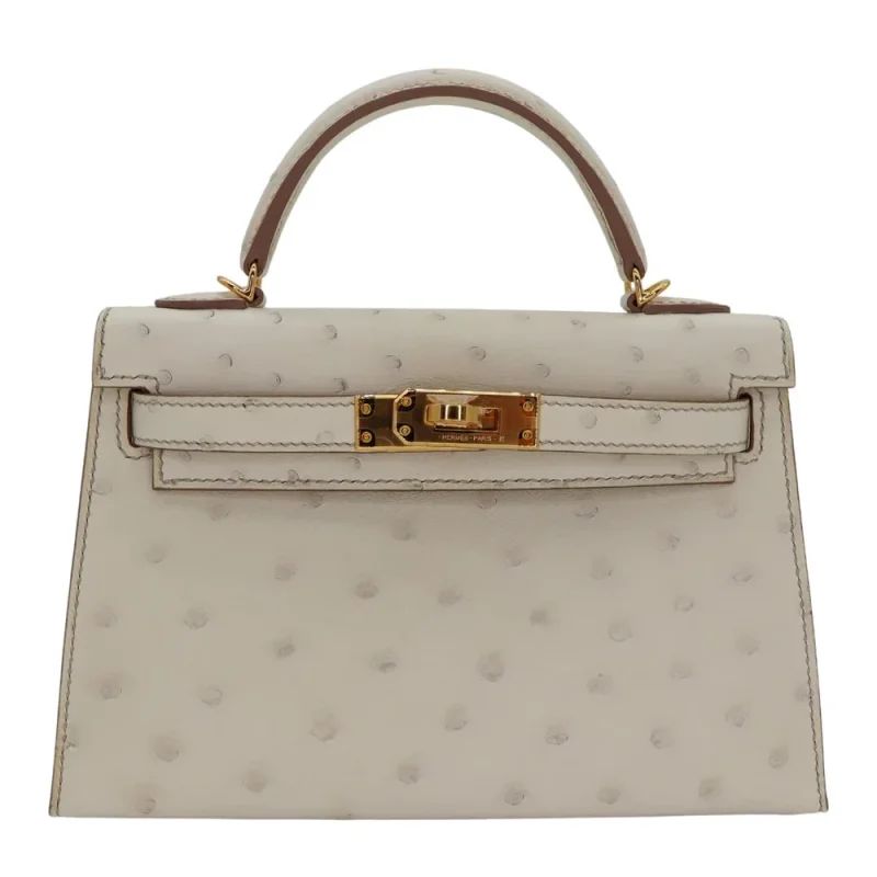 High-End Hermès Inspired - Kelly II Sellier Mini Beton Ostrich Gold HW
