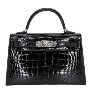 High-End Hermès Inspired Kelly II Mini Black Alligator Bag