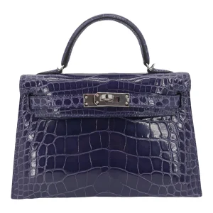 High-End Hermès Inspired - Kelly II Sellier Mini Bleu Encre Shiny Alligator Palladium HW