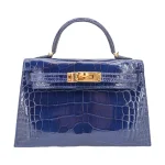 High-End Hermès Inspired - Kelly II Sellier Mini Bleu Saphir Shiny Alligator Gold HW