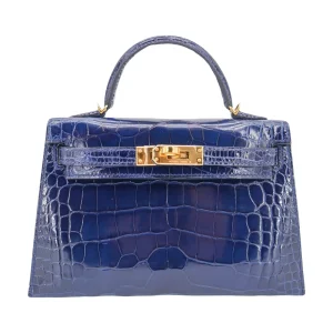 High-End Hermès Inspired - Kelly II Sellier Mini Bleu Saphir Shiny Alligator Gold HW