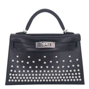 High-End Hermès Inspired - Kelly II Sellier Mini Cloute Black Box Calf Studded Palladium HW