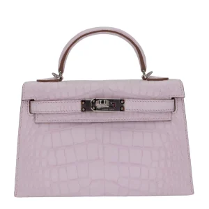 High-End Hermès Inspired - Kelly II Sellier Mini Mauve Pale Matte Alligator Palladium HW