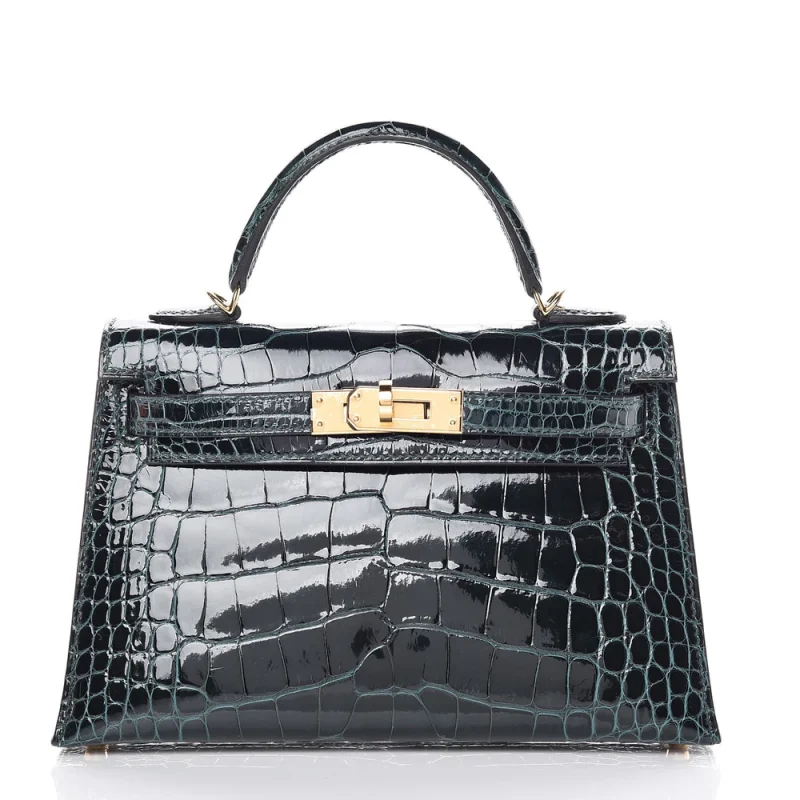 High-End Hermès Inspired - Kelly II Sellier Mini Vert Cypres Shiny Alligator Gold HW
