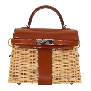 High-End Hermès Inspired - Kelly Picnic Mini Fauve Barenia/Osier Wicker Palladium HW