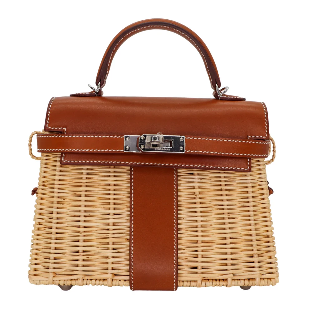 High-End Hermès Inspired - Kelly Picnic Mini Fauve Barenia/Osier Wicker Palladium HW