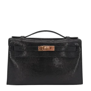 High-End Hermès Inspired - Kelly Pochette Black Shiny Lizard