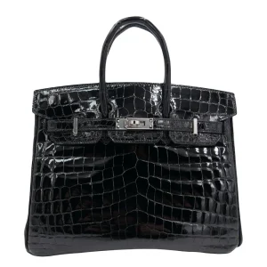 Mirror Quality Hermès Replicas - Birkin 25 Black Shiny Niloticus Crocodile Palladium HW